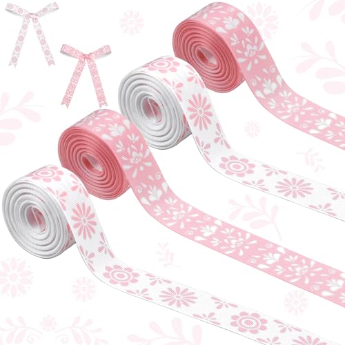 Diartpaint Pink Mexican Talavera Grosgrain Ribbons 4 Rolls 20 Yards for Gift Wrapping Cielito Lindo Party Decorations Soft Pink Fiesta Fabric Ribbon for Mexican Party Favor DIY Craft Decor Wreath Bow