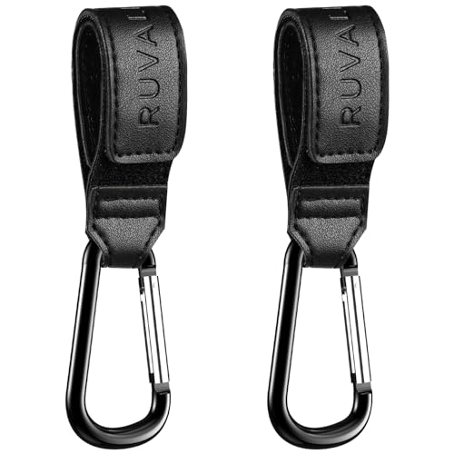 Image of RUVALINO® Leather Stroller Hooks for Diaper Bag and Stroller Organizer - Stroller Strap with Large Carabiner Clip for Shopping Bags - Accessories for Wheelchair, Shopping and Pet Carts, Black, 2 Pack