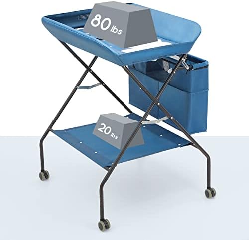 Baby Changing Table, Portable Folding Diaper Changing Station with Wheels, Adjustable Height Mobile Nursery Organizer, Large Storage Racks for Newborn Baby &Infant