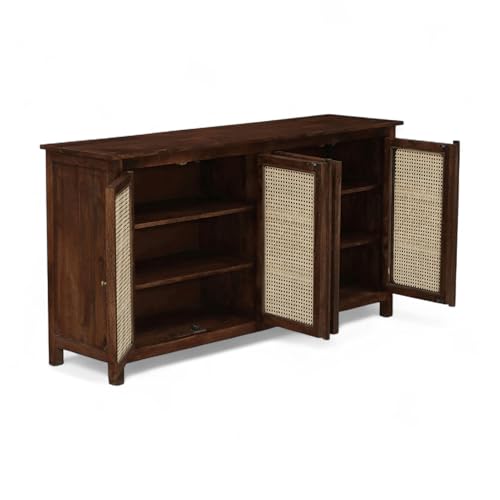 Image of Madrid Solid Wood 4-Door Cane Sideboard Cabinet | Scratch-Resistant Tubaq Finish | Crockery & Kitchen Storage Unit