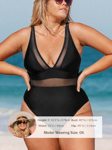 CUPSHE Women Plus Size One Piece Swimsuit V Neck Mesh Sheer Tummy Control Bathing Suit with Adjustable Wide Straps4