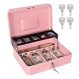 SAFECashボックス マネートレイとロック付き キャッシュレジスター用メタルマネーボックス マネーセーフ用大型キャッシュロックボックス 5スロットコイントレイ、紙幣スロット4つ、キー4つ、11.8インチ x 9.4インチ x 3.5インチ ピンク