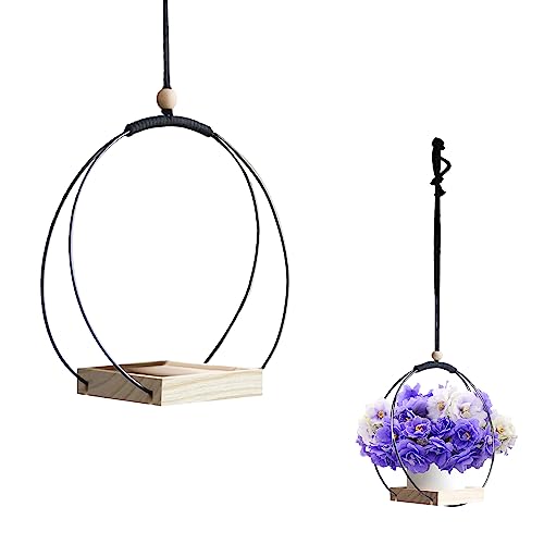 Moderna maceta colgante de interior con estante de madera y gancho - Macetas colgantes de techo...