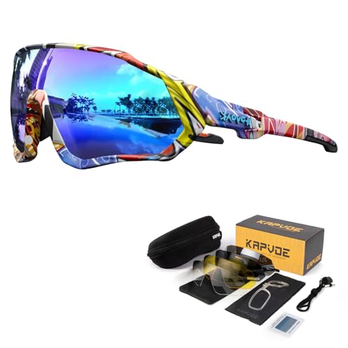 KAPVOE Gafas de ciclismo polarizadas con 5 lentes intercambiables, para hombres y mujeres, ideales para ciclismo de carretera, montaña, correr, pescar, remar, golf, etc 01