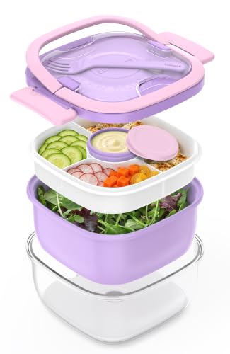 Image of Salad Container with Ice Pack & Handle, 6.8 Cup / 1600ml Large Portable Salad Bowl Lunch Box with Lid, Fork Holder & Sauce Cup, 4-Compartment Removable Tray Meal Prep Bento Box, Purple