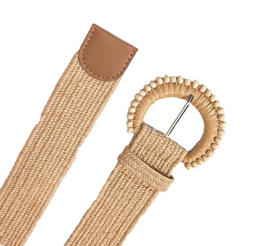COTIM COYIN Women's Boho Braided Straw Belts with Round Buckle, Woven Elastic Waist Belt4