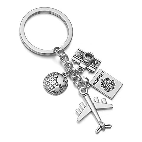 JSDDE Unique Alloy Keychain Silver Keyring with Plane Passport Camera Earth Charm Cover