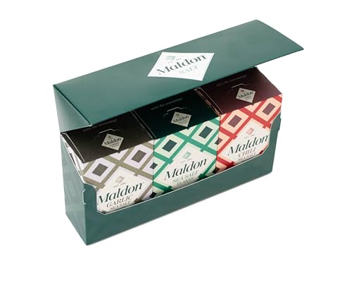 Maldon Salt Gift Pack - 4.4oz Sea Salt Flakes, 3.5oz Chili Salt & 3.5oz Garlic Salt - The Best Gift for Food Lovers and Aspiring Cooks, Versatile Flavors - Comes in Premium Packaging