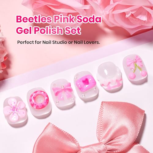 Image of Beetles Pink Gel Polish Set - Pink Soda with Color Card, 6 Colors Summer Gel Nail Polish Set 15ML /0.51FlOz, Same Color Bottle Professional Manicure Salon, Long-Lasting Soak Off UV LED Summer Nails