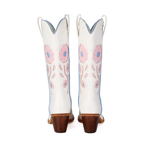 Image of Womens Floral Cowboy Boots,Cute Mid Calf Flower Cowgirl Western Country Boot Pointed Toe Chunky Heel Shoes for Women.