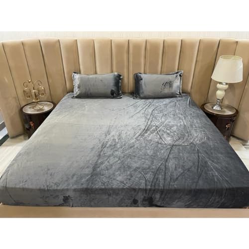 Image of Premium Velvet Solid Woollen Elastic Fitted Bedsheets for Double Bed King Size (Size 254 x 265 Cms), with 2 Pillow Covers Elastic, Covers (46 x 68 Cms) (Gray)