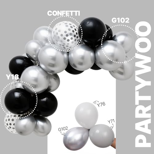 Image of PartyWoo Black and Silver Balloons 65pcs 12 Inch Matte Black Metallic Chrome Silver Confetti Balloons for Graduation Baby Shower Men Birthday Wedding Anniversary New Year's Eve Party Decorations
