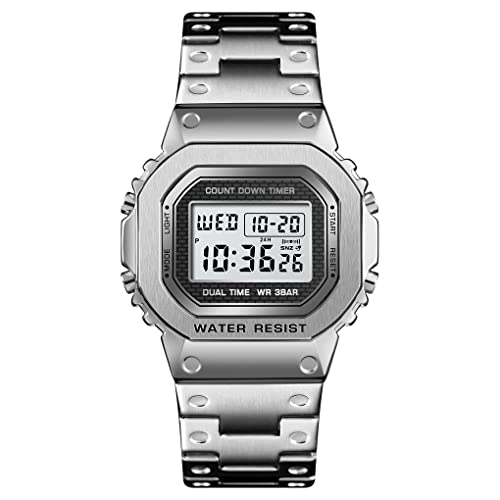 FeiWen Hombre Digitale Fashion Sport Casual Relojes LED Electrónica Cronógrafo Alarma Acero Inoxidable Outdoor Deportivo Reloj de Pulsera (Plata para Hombres)