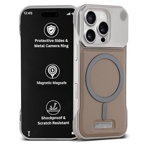 Image of Frameless Metal Case Compatible with MagSafe Luxury Aluminum Frame with PU Leather Finish Magnetic Ring with Wireless Charging Shockproof Premium Slim Case (Matte Beige, iPhone 12 /12PRO)
