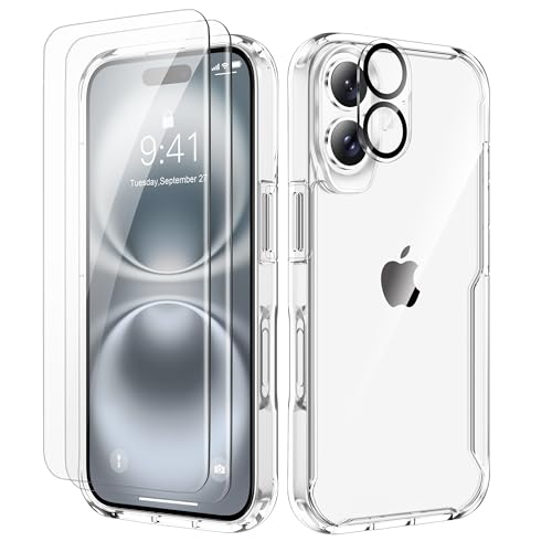 ORETECH para Funda iPhone 16, con [2X Protector de Pantalla][1X Cámara Protector de Pantalla] Antigolpes Antichoque Anti-Arañazos Transparente para Carcasa Fundas iPhone 16 Case 6.1' Clara