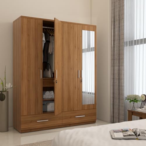 Image of Spacewood Linden Wardrobe | 3 Year Warranty | Almirah, Cupboard, Almari, 4 Door Wardrobe with Mirror, 3 Drawer (1 Lock Drawer) and 2 Hanging Space & 1 Internal Locker |Engineered Wood| Natural Teak