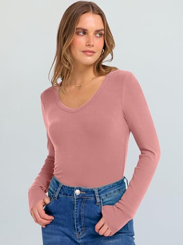 Image of ANRABESS Long Sleeve V Neck Shirts for Women | Soft Comfy Ribbed Knit Fitted Tshirts, Casual Going Out Tops, 2026 Trendy Basic, Fall Winter Underscrub Layering Clothes