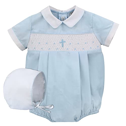 Carriage Boutique Boys Baptism and Christening Hand Smocked Cross Romper - Blue