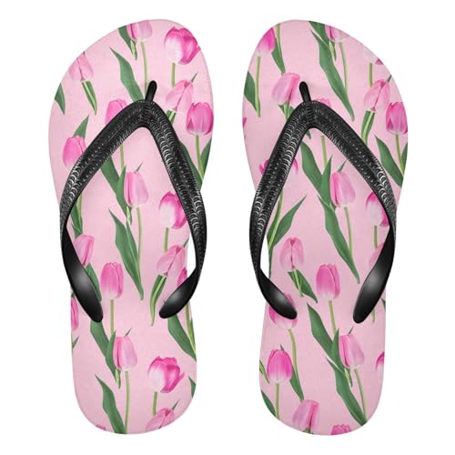 Pink Tulips Leaves Flip Flops for Beach Thong Sandals Anti-slip Lightweight Shower Shoes for Travel Summer Outdoor