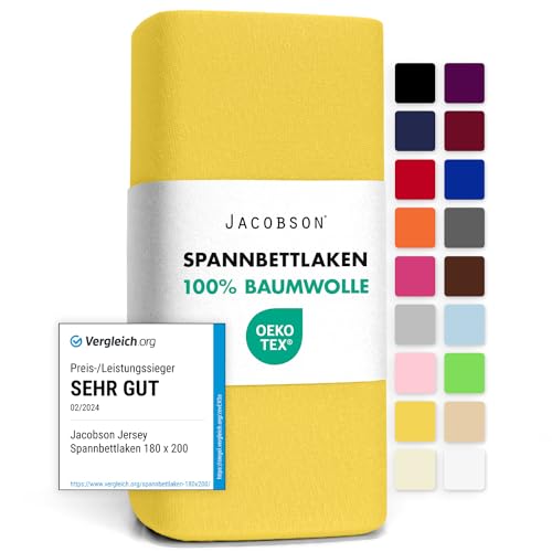 Jacobson Jersey Spannbettlaken Spannbetttuch Baumwolle Bettlaken (90x200-100x200 cm, Gelb)