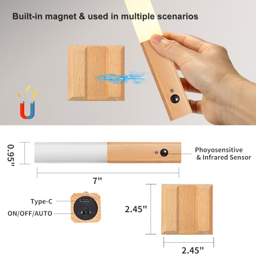 Image of Rechargeable Wall Sconce Magnetic, Torch Night Light Portable Wall Light Wireless Wall Sconces LED Wood Magnetic Wall Lamp Motion Sensor, Rechargeable Wall Sconces Set of 2 (Light-Colored)