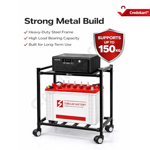 Image of Inverter Trolley for Home - 2 Tier Heavy Duty Inverter Stand with 360 Wheels | Strong Metal Inverter Trolley | Inverter Battery Stand for Home | Fits Single Battery | 150 KG Load - Black