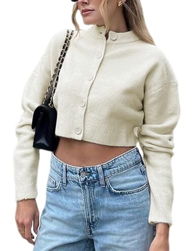 Image of Wyeysyt Womens Knitted Crop Cardigan Button Down Long Sleeve Sweater Top Open Front Cropped Knit Tops(Beige-M)