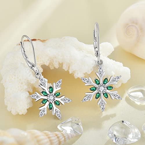 Starchenie Sterling Silver Snowflake Earrings For Women Dangle Christmas Earrings Snowflake Leverback May,Emerald Color #TOP1