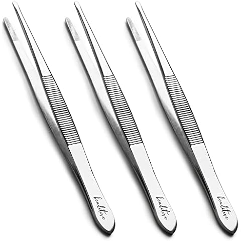 Beaditive 5.5-inch Sewing Machine Tweezers Set (3-pc) Serrated Straight Tips | Professional Grade, High Precision | Stainless Steel Cover
