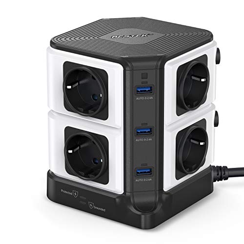 Desktop Mehrfachsteckdose turm Verteiler 8 Fach,insgesamt 40W 6 USB-Anschlüssen, kindersicherung Überspannungsschutz 1500 Joule, 3600W/16A,
