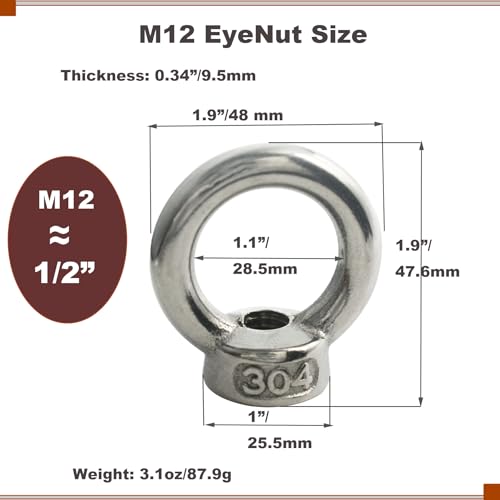 Image of M12 (1 /2 inch) EyeNut Stainless Lifting Eye Nuts Thread Ring Shoulder for Mounting Anchor Point,6 Packs