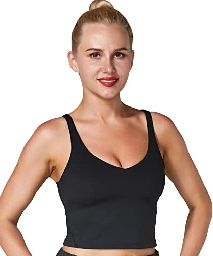 Sunzel Sports Bra for Women, Longline Padded Cute Crop Workout Tank Tops, Athletic Running Gym Yoga Bra Shirt Black