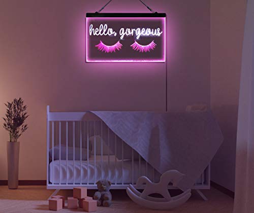 Hello Gorgeous Eyelash Room Display Dual Color LED Neon Sign White & Purple 16" x 12" st6s43-i3178-wp