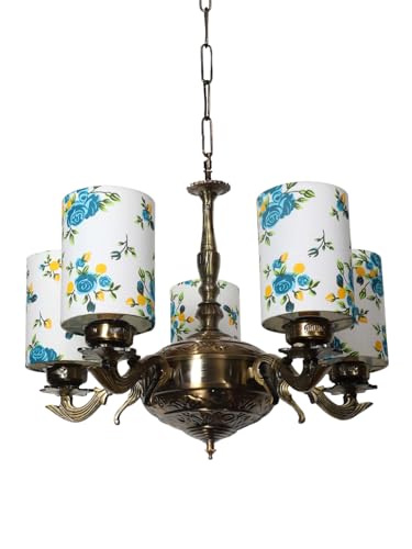 Image of Devansh 05 Lights Printed Round Cotton Shade with Antique Golden Chandelier -E
