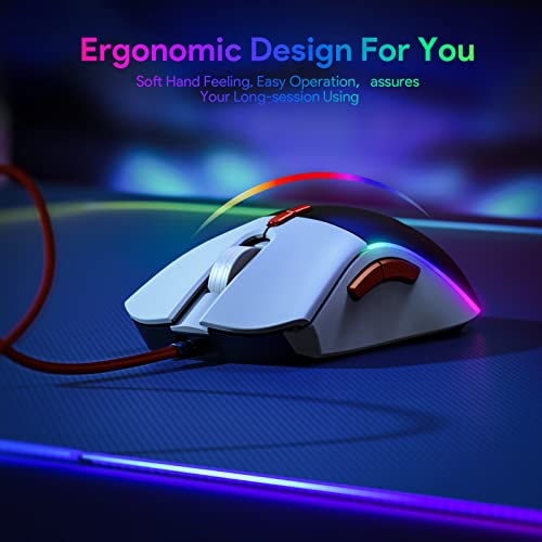 Mouse Gaming, Regolabile 12000 DPI Mouse da Gioco, 7 Pulsanti Programmabili, Regolazione del Peso, Illuminazione RGB, Copertura Posteriore Sostitutiva, Mouse da Gaming per PC/Mac (White) - Mouse gaming - Immagine 2