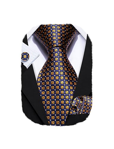 Image of Barry.Wang Plaid Ties for Men Silk Necktie Handkerchief Cuff Links Set