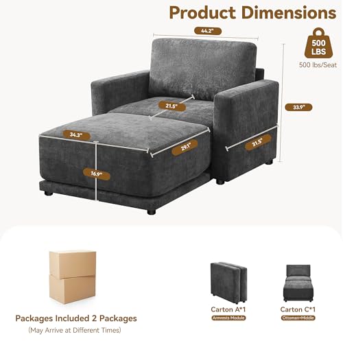 Image of 44.2 inch Chenille Oversized Chair with Movable Ottoman, Modular 1 Seat Couch with Thickened Cushions, Modern Single Sofa Chaise Lounge Reading Chair for Living Room, Small Apartment, Black