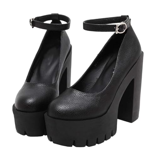 KOKOMOMO Womens Round Toe Platform Ankle Strap Pumps Chunky High Heels Goth Shoes
