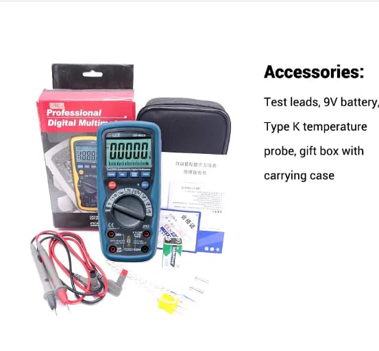 Included accessories for the DT-9919 multimeter: test leads, battery, temperature probe, carrying case