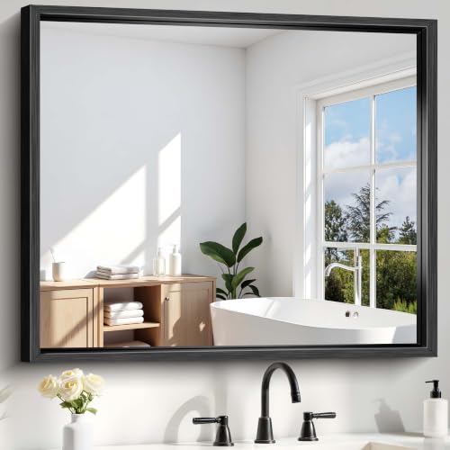 Image of Bathroom Mirror, 42 x 36 Inch Brushed Black Rectangle Mirror, 0.6 inch Thickened Deep Frame Mirrors for Wall Over Sink, Shatterproof Tempered Glass, Antirust, Horizontally or Vertically