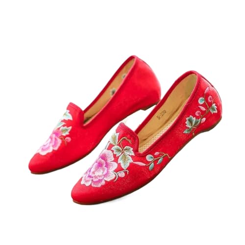Ballerines plates femme bout pointu rouge en coton polaire brodé taille 40