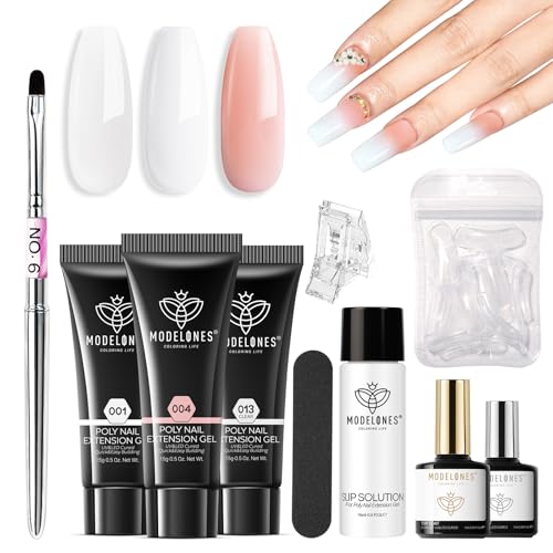 Modelones Poly Gel Nail Kit 3 Colors Clear White Apricot with Slip Solution Dual Nail Forms Top Base Coat Extension Builder Gel Polygel Toenail Kit DIY Nail Art Salon Use