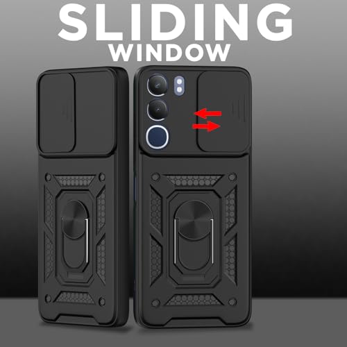 Image of Pikkme Back Cover for Vivo Y29 5G / Vivo Y19s | Sliding Camera Shield with Ring Stand | D10 Full Camera Protection Bumper Case (Black)