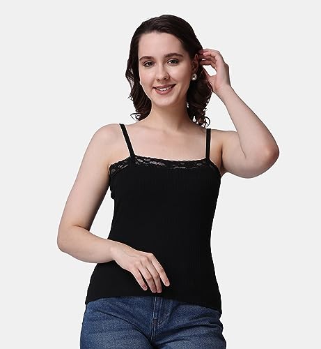 Image of POPWINGS Women Casual Black Rib Solid Sleeve Self Design Noodle Strap Top | Women Tops | Women Regular Tops | Women Tops | Women Stylish Tops