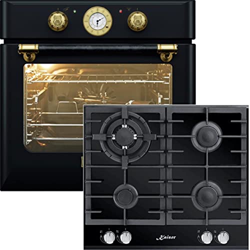Kaiser Herdset Einbaubackofen EH 6432 BE + KCG 6380 Turbo, Retro Einbau Backofen Elektro, Autark, 68 L, Drehspieß, 10 Funktionen+60cm, Schwarz Glas, Einbau Herd, 3,8kW WOK,Erdgas Fl.Gas