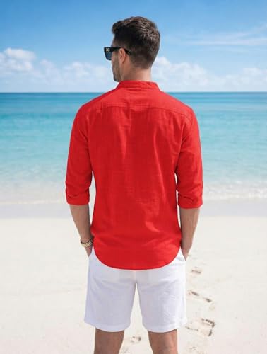 Image of Men's Cotton Blend Straight Kurta Shirt with Mandarin Collar - Slim Fit Casual Short Kurti Featuring Textured Slub Fabric and Roll-Up Full Sleeves