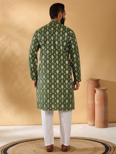 Image of KRAFT INDIA Men's Cotton Blend Geometric Printed Straight Long Regular Kurta and Elastic Waistband Pyjama Set