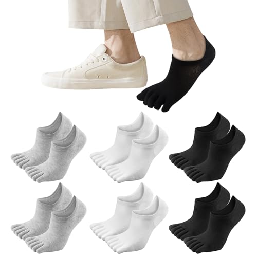 Soleeya 6 Paia Corti Calzini con Dita Separate Uomo, 39-43 Calze con Dita Separate Uomo Cotone con Maglia Traspirante Calze Cinque Dita (IT, Numero, 39, 43, Regular, Regular, Nero+Bianco+Grigio)