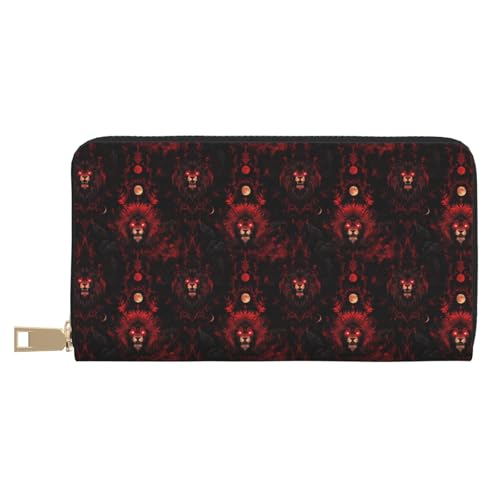 Leather Thin Slim Wallets for Women & Men - Dark Red Lion A Print Card Wallet Holder with Zipper