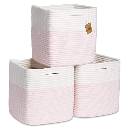 NaturalCozy Storage Cubes 11 Inch Cotton Rope Woven Baskets for Organizing, 3-Pack | Cube Storage Bin | Square Storage Baskets for Shelves Organizer,...